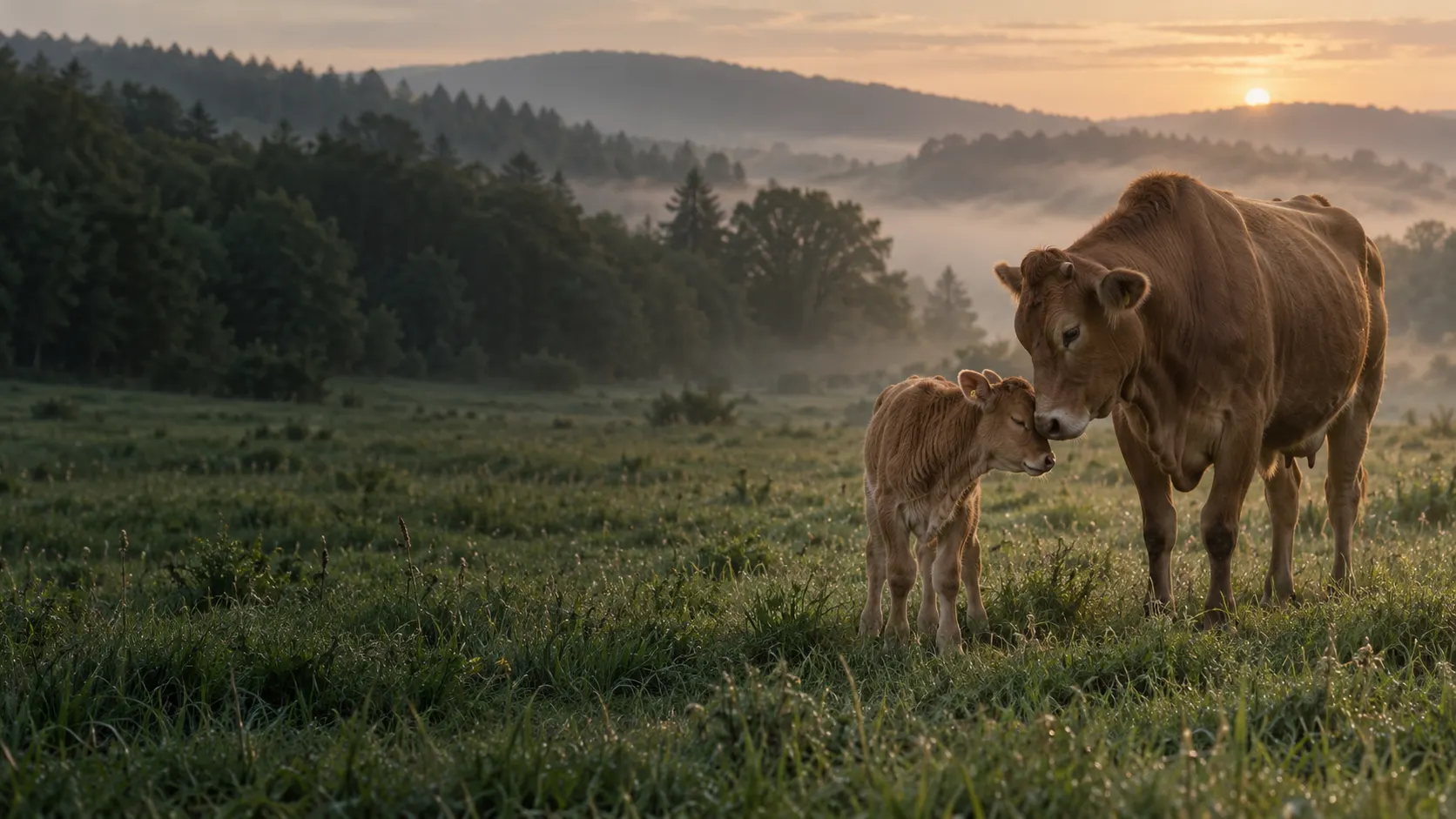 Eine Kuh und ihr Kalb berühren sich auf einer Wiese mit den Nasen. KI-generierte Illustration.