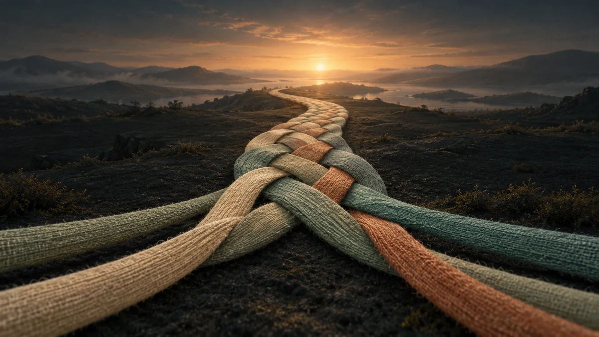Vier Fäden in Sand, Salbei, Terrakotta und Türkisgrün verweben sich zu einem gemeinsamen Weg, der in warmes Licht am Horizont führt.
