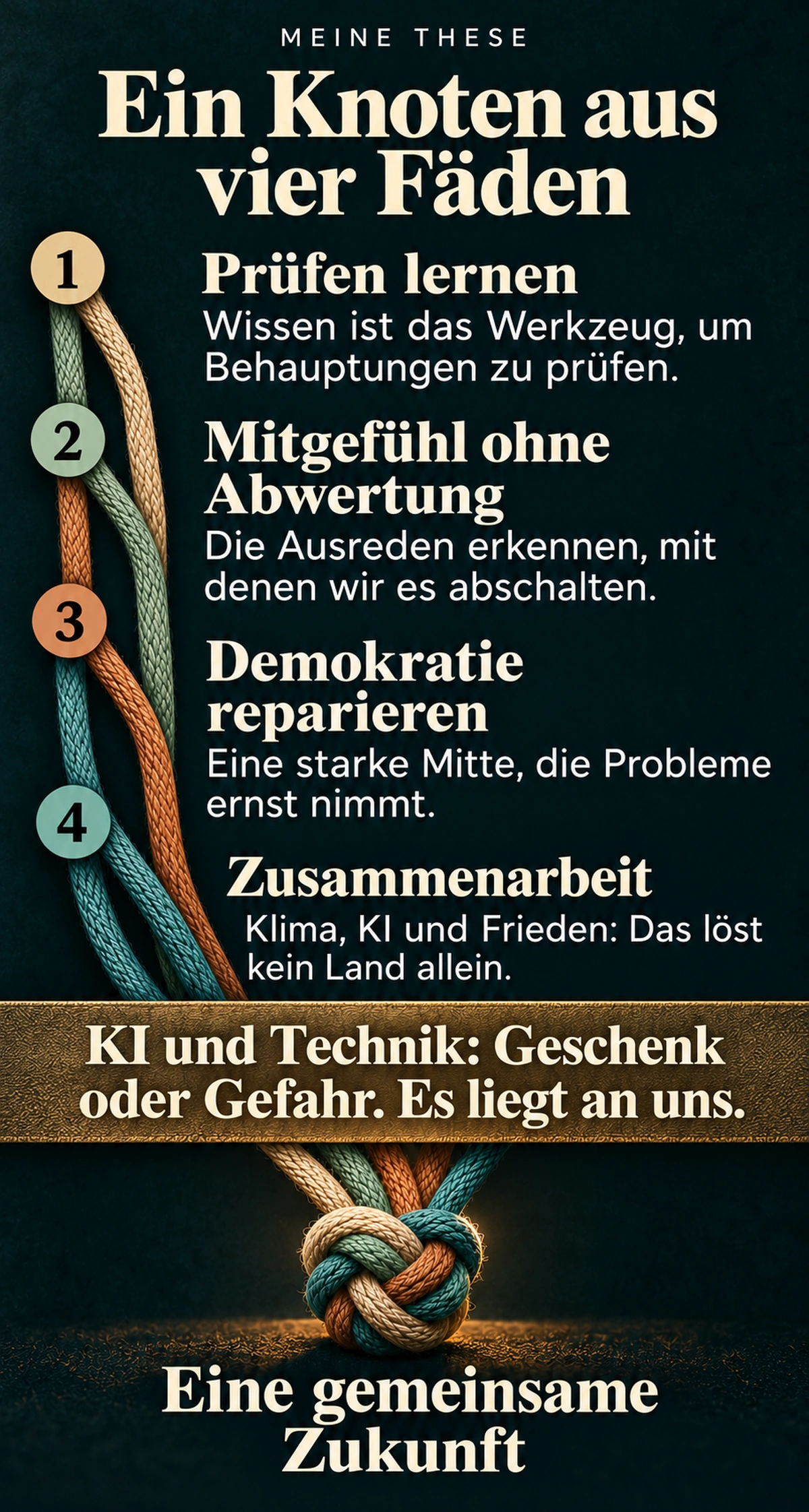 Infografik: Meine These – Ein Knoten aus vier Fäden. Vier Fäden laufen zu einem Knoten zusammen. Erstens: Prüfen lernen. Wissen ist das Werkzeug, um Behauptungen zu prüfen. Zweitens: Mitgefühl ohne Abwertung. Die Ausreden erkennen, mit denen wir es abschalten. Drittens: Demokratie reparieren. Eine starke Mitte, die Probleme ernst nimmt. Viertens: Zusammenarbeit. Klima, KI und Frieden: Das löst kein Land allein. Quer über alle Fäden liegt ein Band: KI und Technik: Geschenk oder Gefahr. Es liegt an uns. Unter dem Knoten: Eine gemeinsame Zukunft.