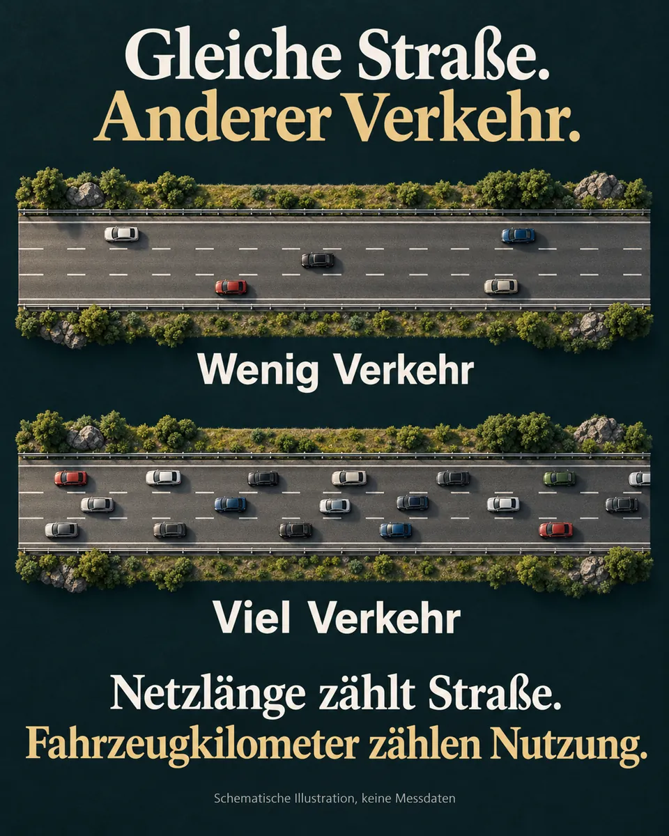 Zwei gleich lange Straßen mit wenig und viel Verkehr. Die Netzlänge ist gleich, die Nutzung unterscheidet sich. Schematische Illustration ohne Messdaten.