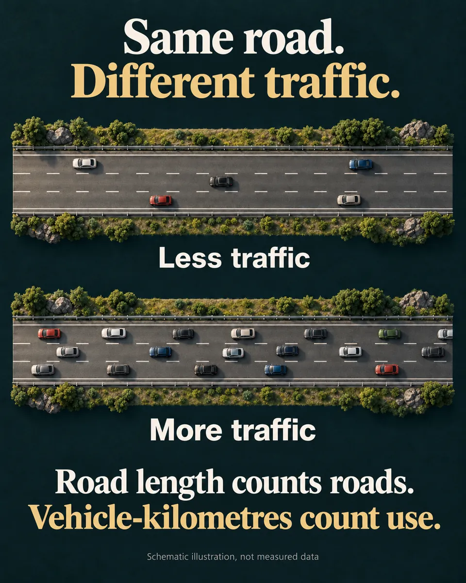 Two equally long roads with less and more traffic. Road length is equal, but use differs. Schematic illustration without measured data.