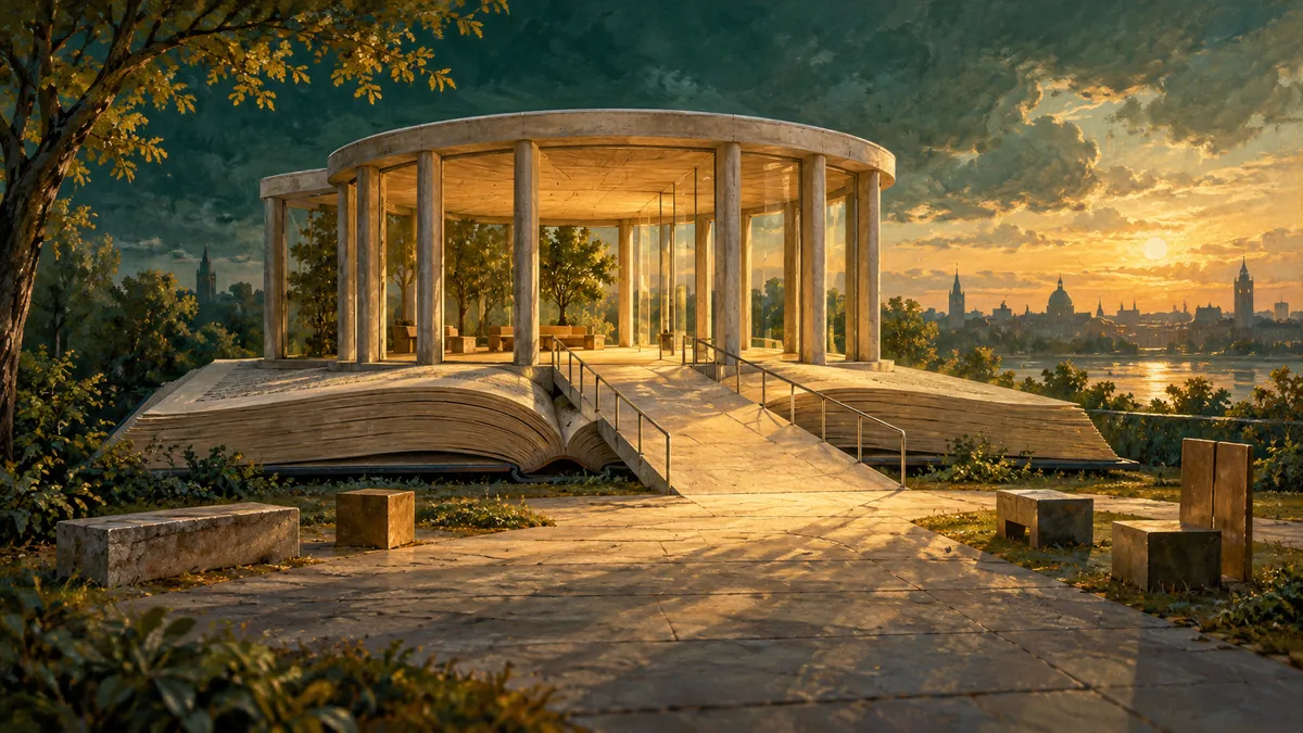 Eine offene Säulenhalle auf einem aufgeschlagenen Buch, davor ein breiter Weg und unterschiedlich hohe Sitzblöcke; symbolische KI-Illustration.